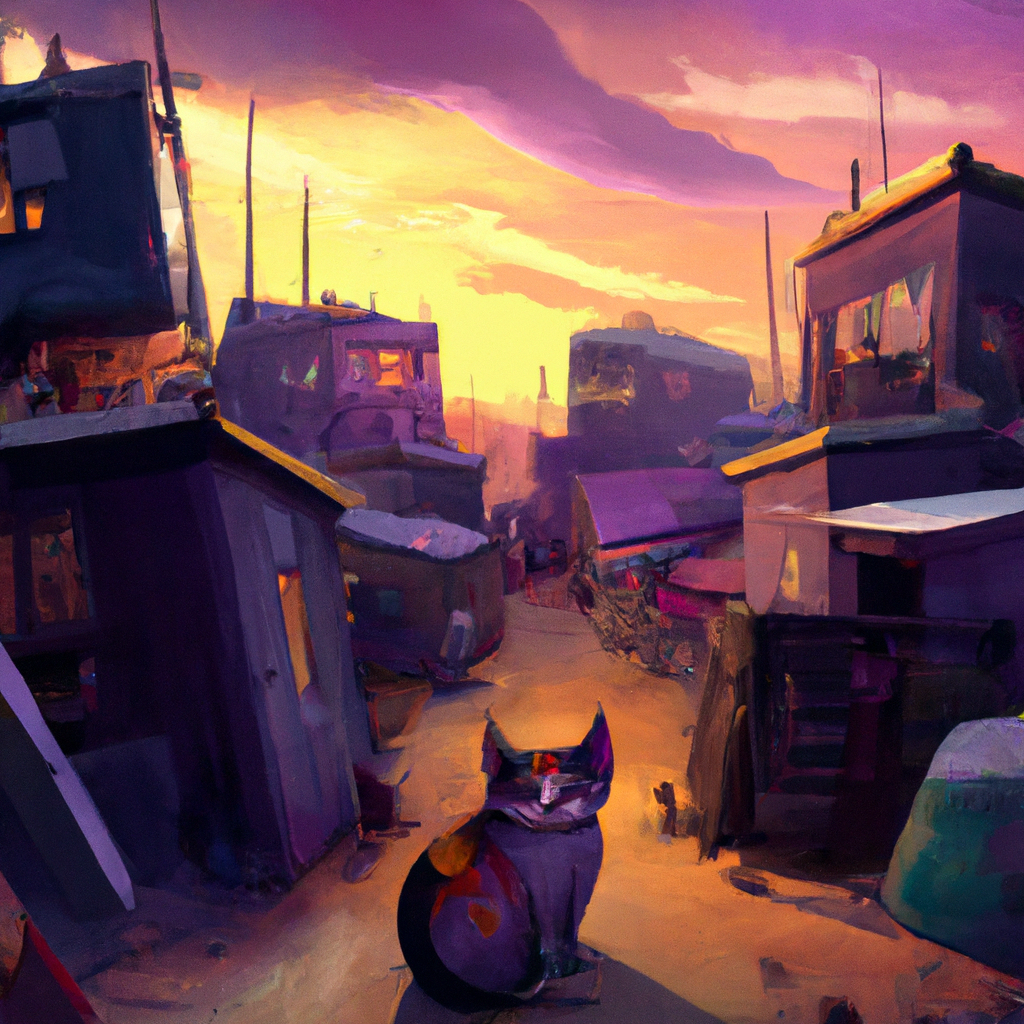 shanty town with glowing colors,cat, happy, 4k, high resolution, trending Shanty Town NFTin artstation